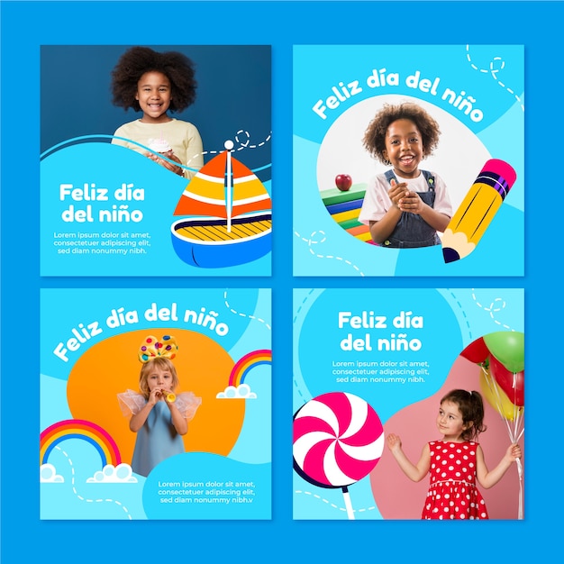 Colección de publicaciones de instagram del día del niño plano en español