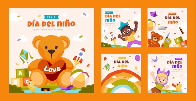 Colección de publicaciones de instagram del día del niño plano en español