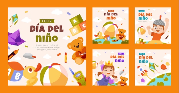 Colección de publicaciones de instagram del día del niño plano en español