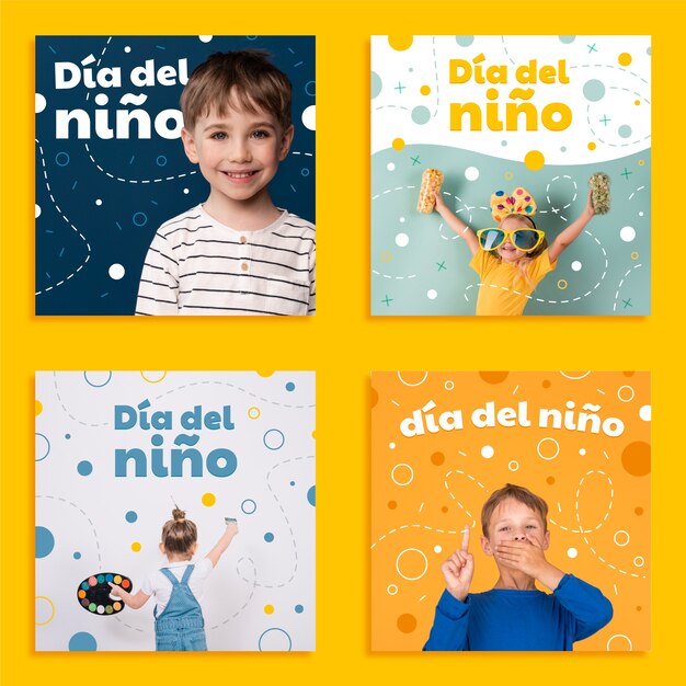 Colección de publicaciones de instagram del día del niño plano en español