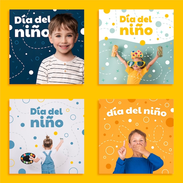 Colección de publicaciones de instagram del día del niño plano en español