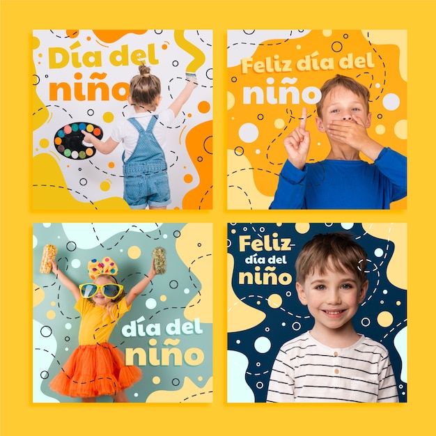 Colección de publicaciones de instagram del día del niño plano en español