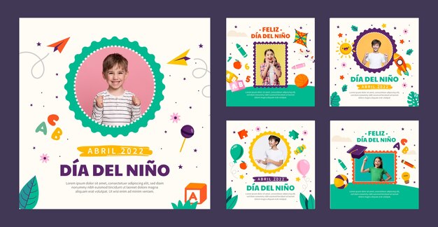 Colección de publicaciones de instagram del día del niño plano en español