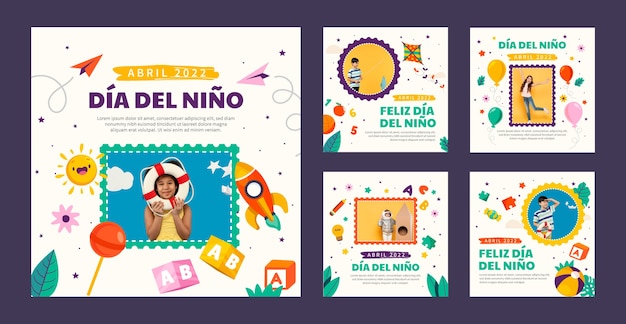 Colección de publicaciones de instagram del día del niño plano en español