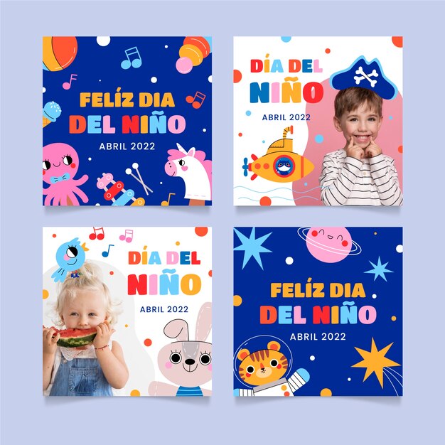 Colección de publicaciones de instagram del día del niño plano en español
