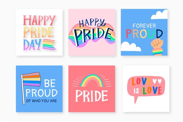 Colección de publicaciones de instagram del día del orgullo dibujadas a mano