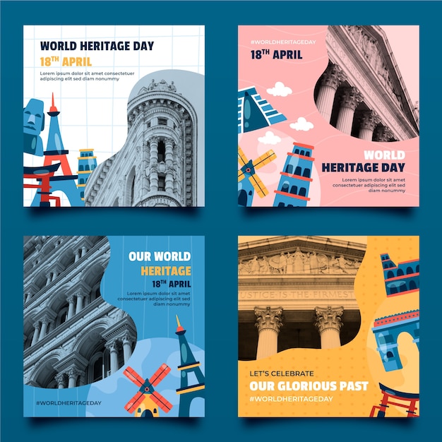 Vector gratuito colección de publicaciones de instagram del día del patrimonio mundial dibujadas a mano