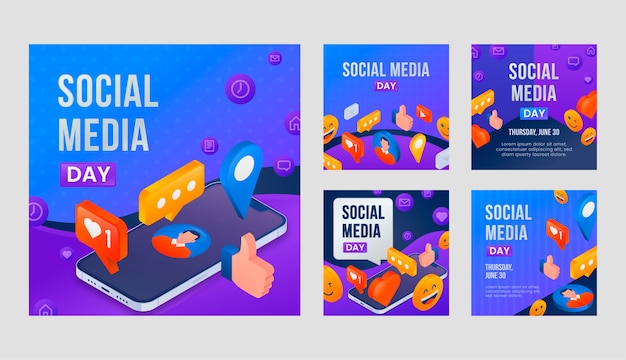 Vector gratuito colección de publicaciones de instagram del día de las redes sociales degradadas