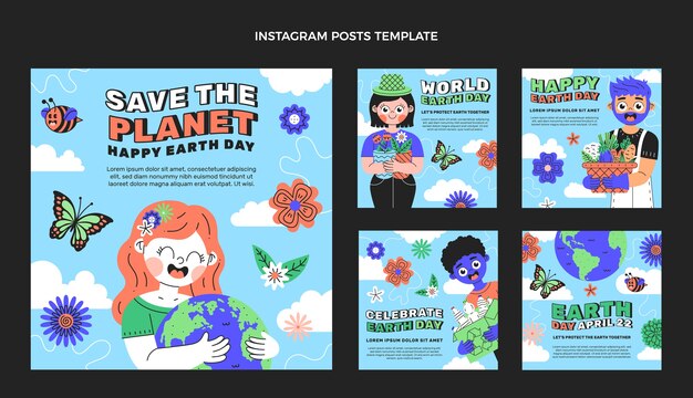 Colección de publicaciones de instagram del día de la tierra dibujadas a mano