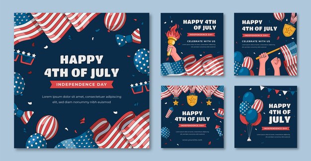 Colección de publicaciones de instagram dibujadas a mano para la celebración americana del 4 de julio