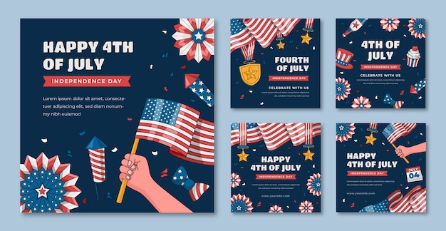 Colección de publicaciones de instagram dibujadas a mano para la celebración americana del 4 de julio