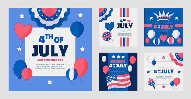 Colección de publicaciones de instagram dibujadas a mano para la celebración americana del 4 de julio