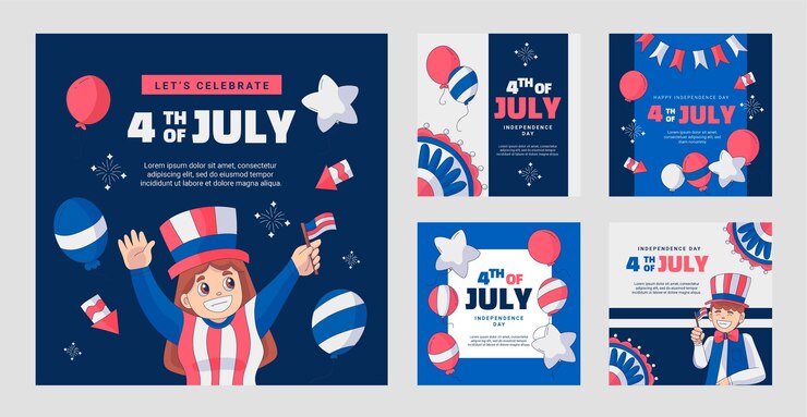 Vector gratuito colección de publicaciones de instagram dibujadas a mano para la celebración americana del 4 de julio