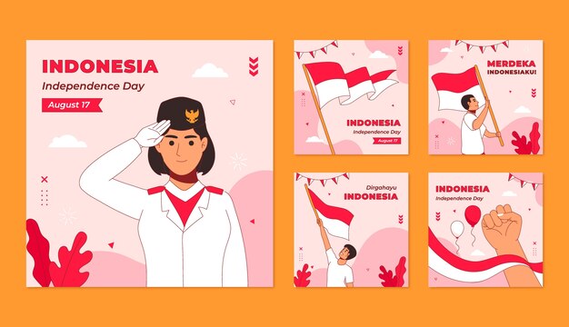Colección de publicaciones de instagram dibujadas a mano para la celebración del día de la independencia de indonesia