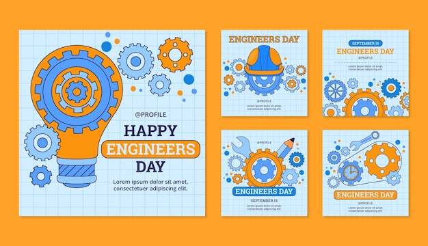 Colección de publicaciones de instagram dibujadas a mano para la celebración del día de los ingenieros