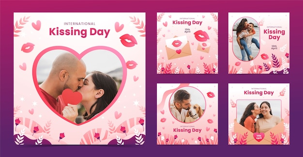 Vector gratuito colección de publicaciones de instagram dibujadas a mano para la celebración del día internacional del beso