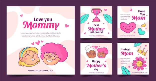 Vector gratuito colección de publicaciones de instagram dibujadas a mano para la celebración del día de la madre