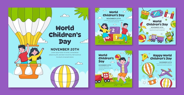 Vector gratuito colección de publicaciones de instagram dibujadas a mano para la celebración del día mundial del niño