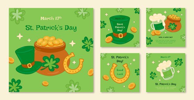 Colección de publicaciones de instagram dibujadas a mano para la celebración del día de san patricio