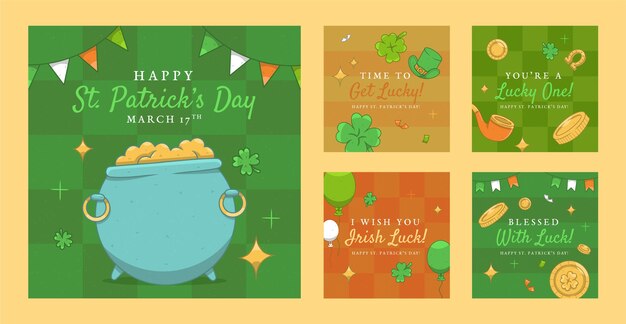 Colección de publicaciones de Instagram dibujadas a mano para la celebración del día de San Patricio.