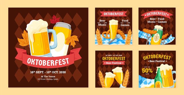 Colección de publicaciones de instagram dibujadas a mano para la celebración del festival de cerveza oktoberfest