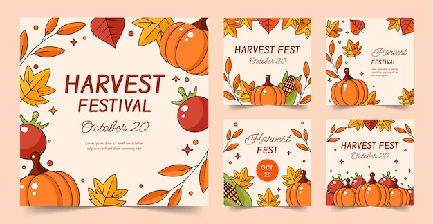 Vector gratuito colección de publicaciones de instagram dibujadas a mano para la celebración del festival de la cosecha con verduras