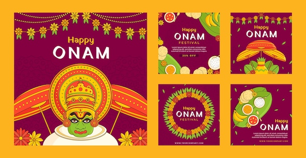 Colección de publicaciones de instagram dibujadas a mano para la celebración del festival onam