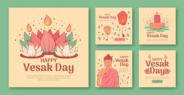 Colección de publicaciones de instagram dibujadas a mano para la celebración del festival vesak