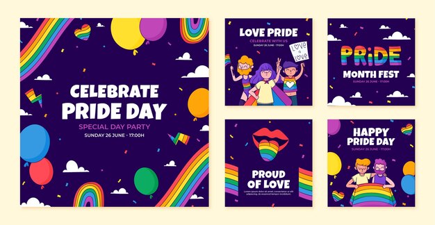 Colección de publicaciones de instagram dibujadas a mano para la celebración del mes del orgullo