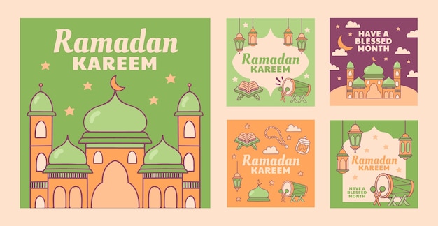 Colección de publicaciones de instagram dibujadas a mano para la celebración del ramadán islámico