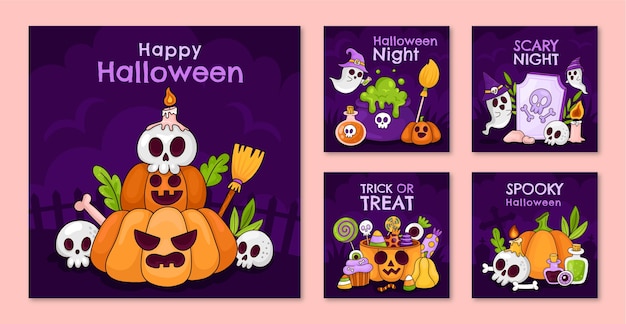 Colección de publicaciones de instagram dibujadas a mano para la celebración de la temporada de halloween