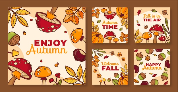Colección de publicaciones de instagram dibujadas a mano para la celebración de la temporada de otoño