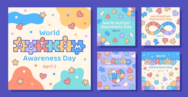 Vector gratuito colección de publicaciones de instagram dibujadas a mano para el día mundial de la concienciación sobre el autismo