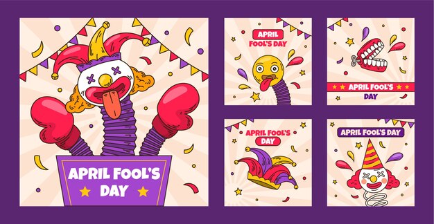 Colección de publicaciones de Instagram dibujadas a mano para el día del tonto de abril