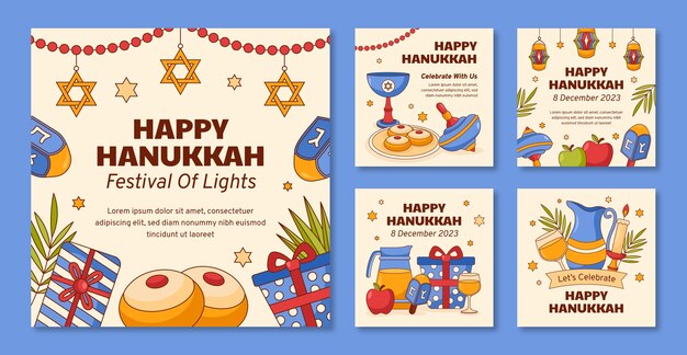 Colección de publicaciones de instagram dibujadas a mano para la festividad judía de hanukkah