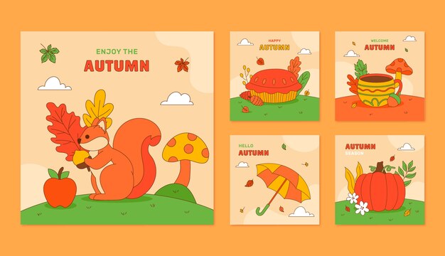 Vector gratuito colección de publicaciones de instagram dibujadas a mano para la temporada de otoño