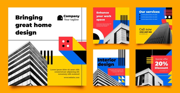 Colección de publicaciones de instagram de diseño de interiores planos y decoración del hogar