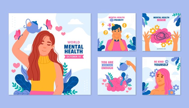 Colección de publicaciones de instagram de diseño plano del día mundial de la salud mental