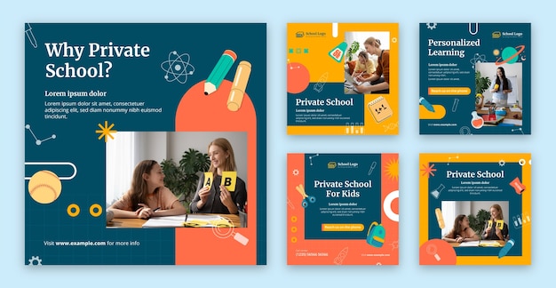 Vector gratuito colección de publicaciones de instagram de educación de escuela privada