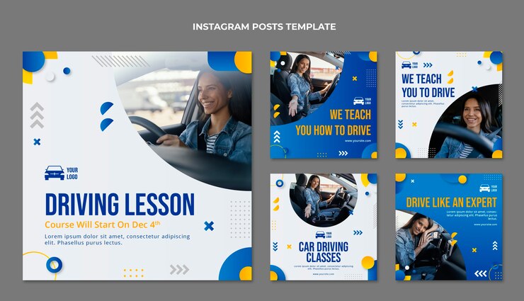 Vector gratuito colección de publicaciones de instagram de escuela de manejo degradado