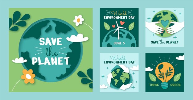 Colección de publicaciones de instagram de estilo papel para la celebración del día mundial del medio ambiente