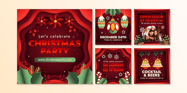 Vector gratuito colección de publicaciones de instagram estilo papel para la temporada navideña con adornos