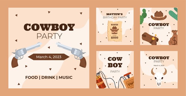 Colección de publicaciones de instagram de eventos de fiesta de vaqueros
