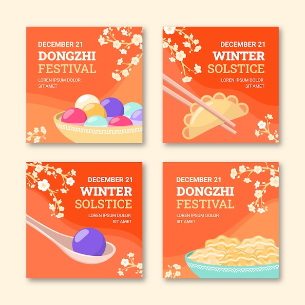 Colección de publicaciones de instagram del festival dongzhi plano dibujado a mano