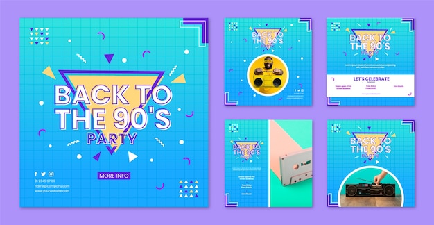 Colección de publicaciones de instagram de fiesta de los 90 con textura degradada