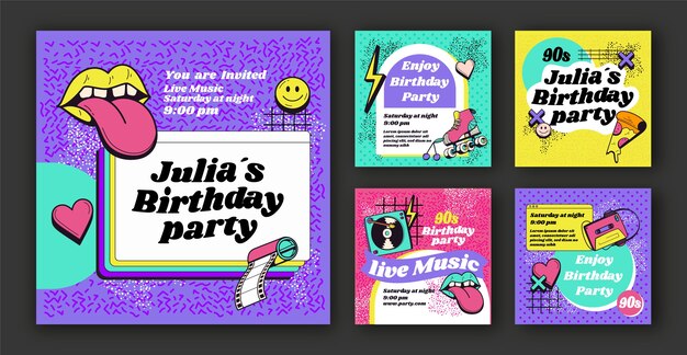 Colección de publicaciones de instagram de fiesta de los 90 con textura dibujada a mano