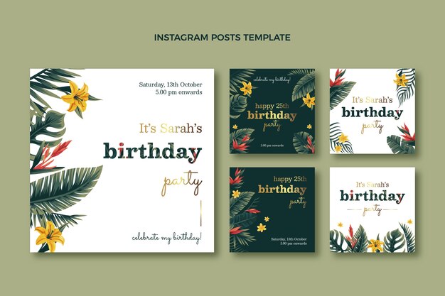 Colección de publicaciones de instagram de fiesta de cumpleaños de jungla plana