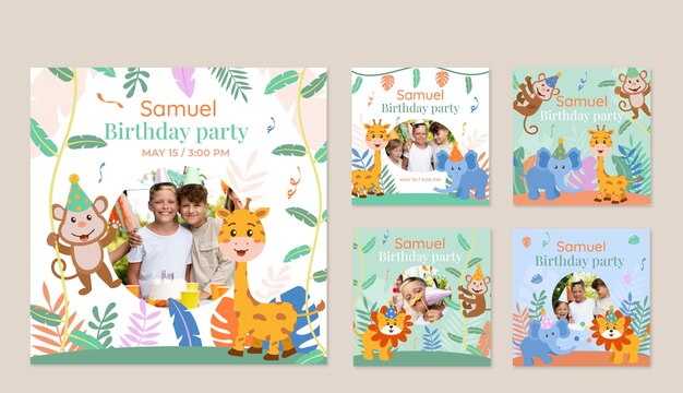 Colección de publicaciones de instagram de fiesta de cumpleaños de jungla plana