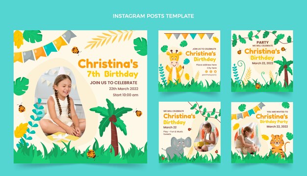 Colección de publicaciones de instagram de fiesta de cumpleaños de jungla plana