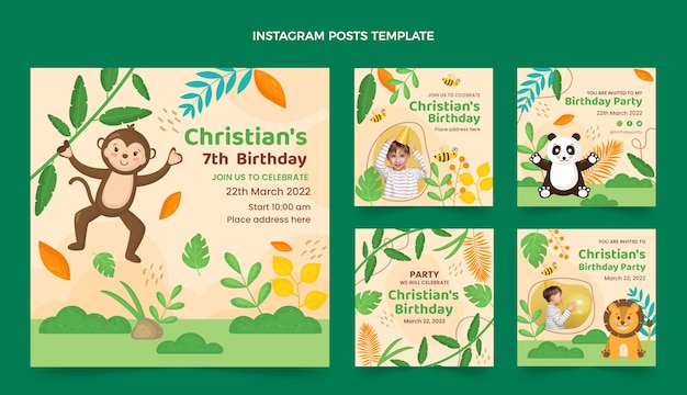 Vector gratuito colección de publicaciones de instagram de fiesta de cumpleaños de jungla plana